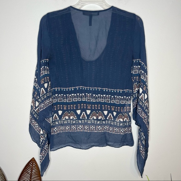 BCBGMAXAZRIA Kasia Handkerchief-sleeve Silk Chiffon Wrap Top Stormy Blue Combo - Picture 6 of 6